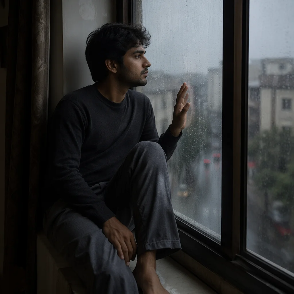 Solitary Man by Rainy Apartment Window
