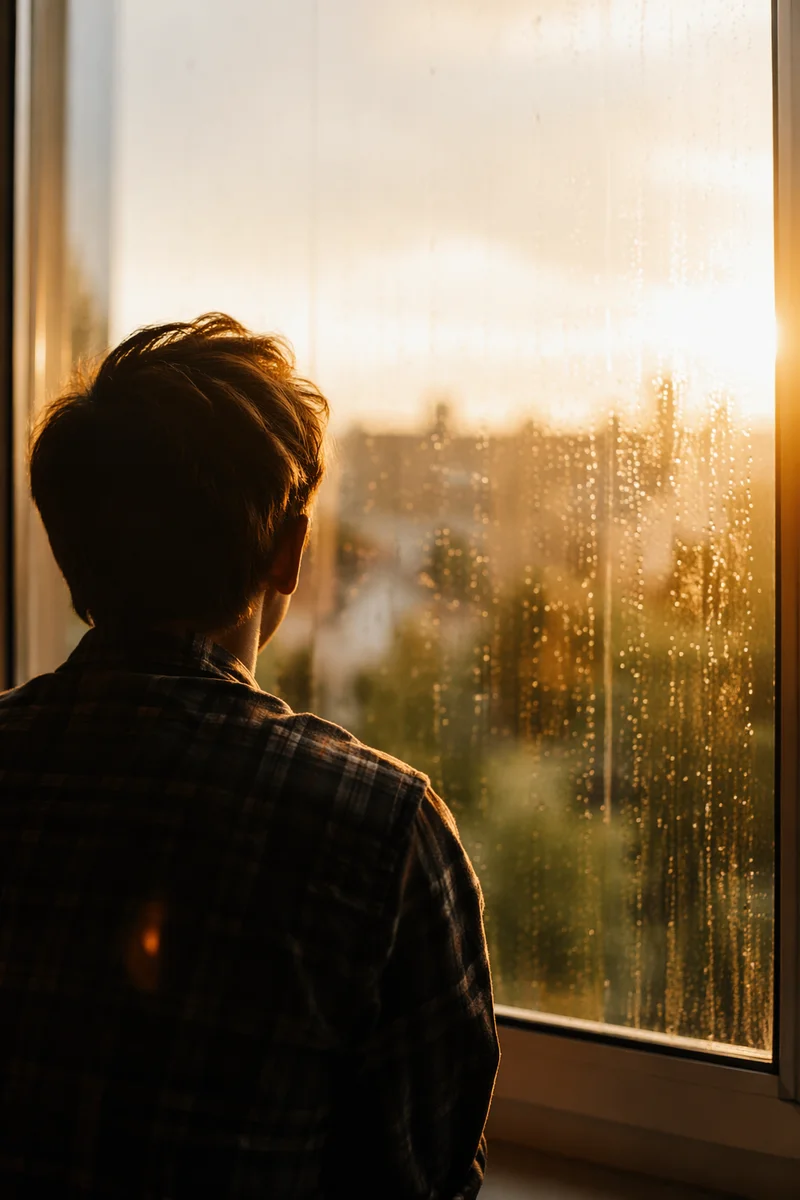 Lonely Figure at Rainy Window