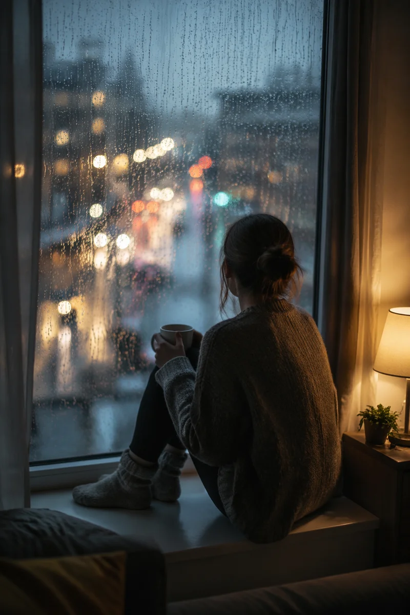 Lonely Figure Watching Rainy City Window