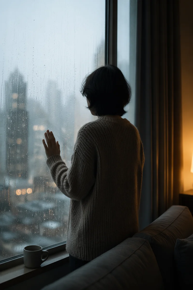 Lonely Figure by Rainy Apartment Window