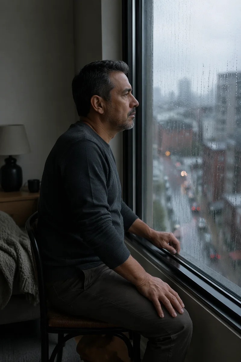 Solitary Man by Rainy Apartment Window
