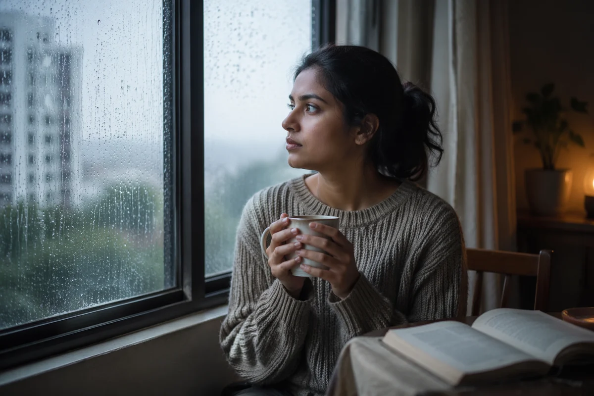 Young Woman by Rainy Apartment Window