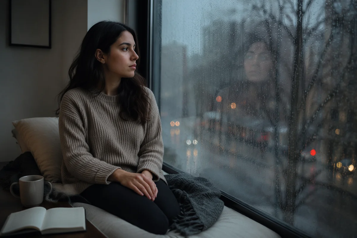 Lonely Woman by Rainy Apartment Window