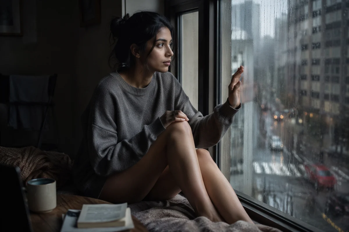 Young Woman by Rainy Apartment Window