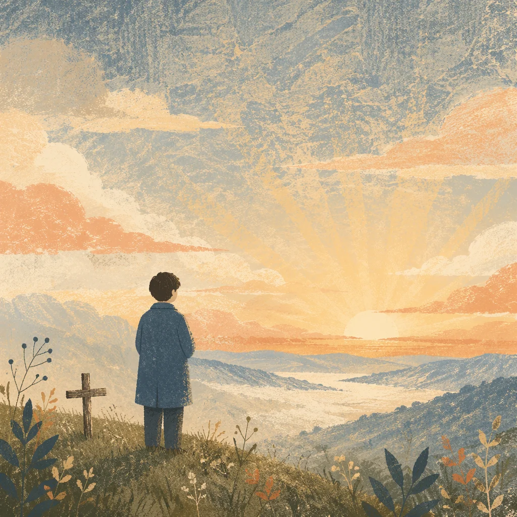 Prayerful Longing at Misty Sunrise Horizon