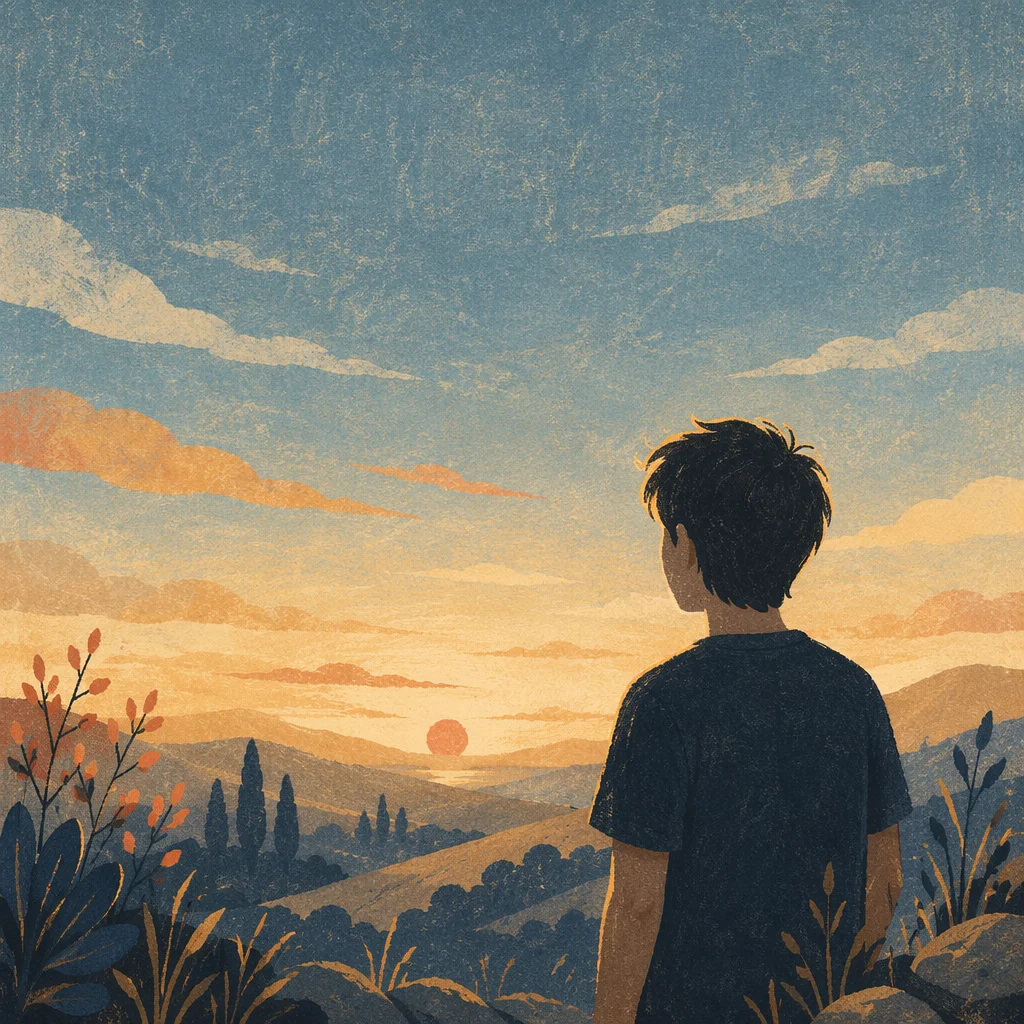 Longing Figure Gazing Toward Dusk Horizon
