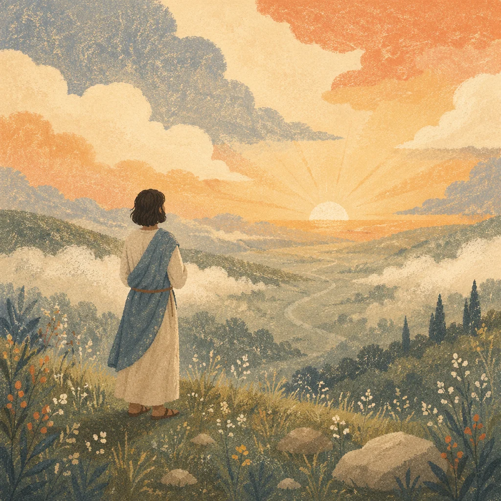 Longing Figure Before Misty Sunrise Horizon