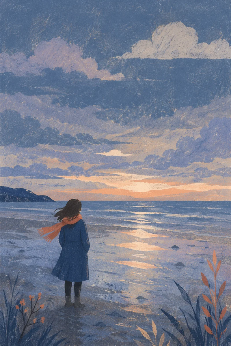 Longing Figure at Distant Dawn Horizon