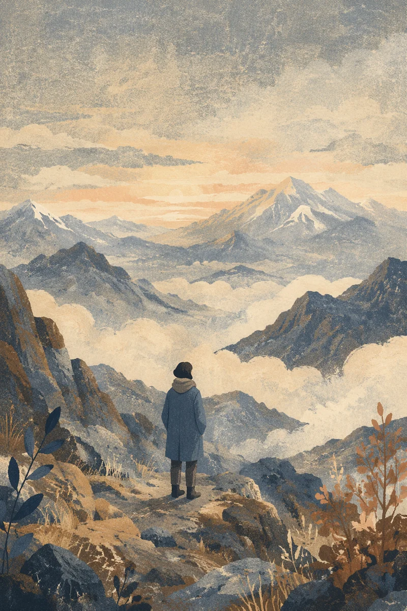 Solitary Seeker Facing Misty Mountain Horizon