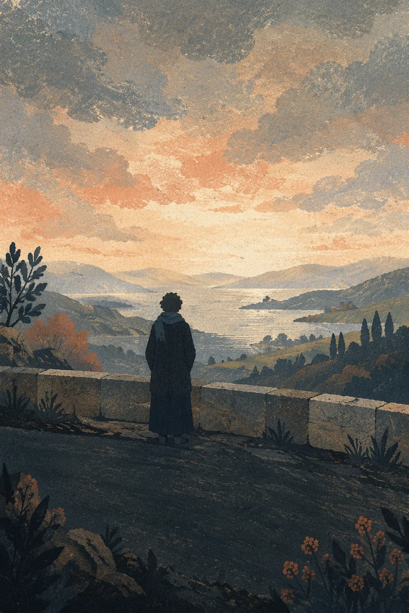 Solitary Figure Longing Toward Hazy Horizon