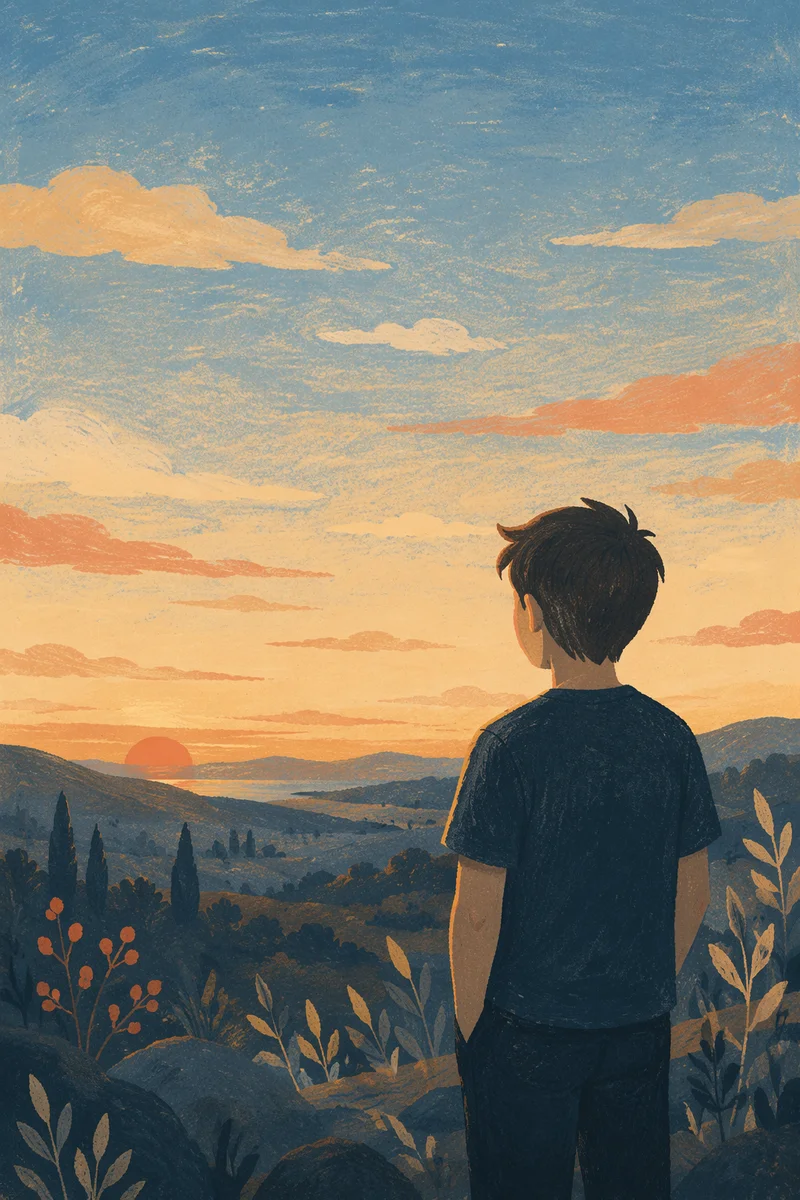Longing Figure Gazing Toward Dusk Horizon