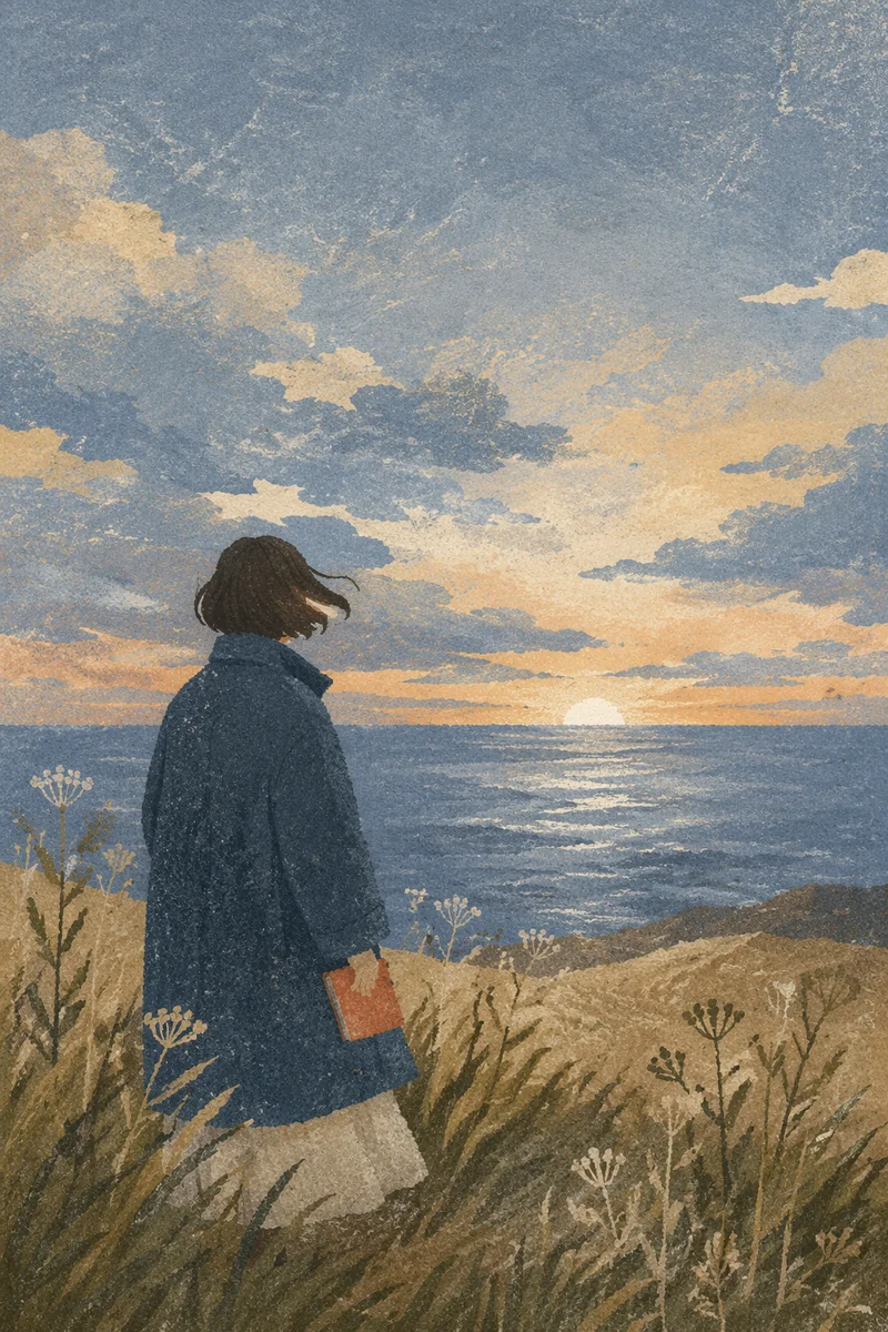 Longing Figure Facing Dawn Ocean Horizon