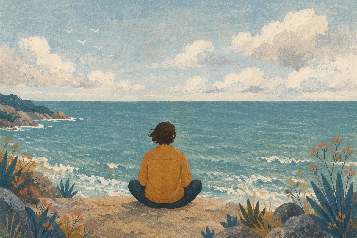 Longing Figure Facing Quiet Ocean Horizon