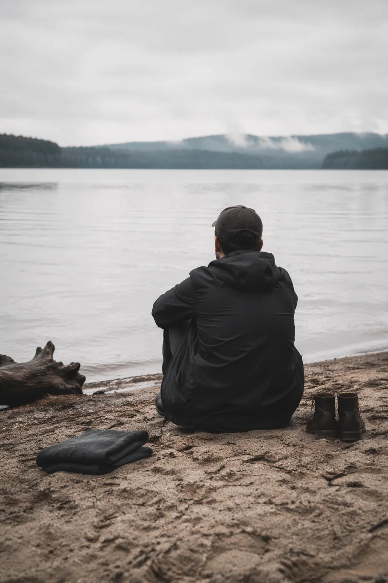 Solitary Longing by a Misty Lakeshore