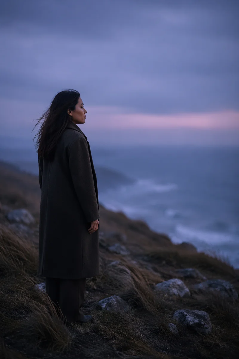 Solitary Woman on Misty Coastal Bluff