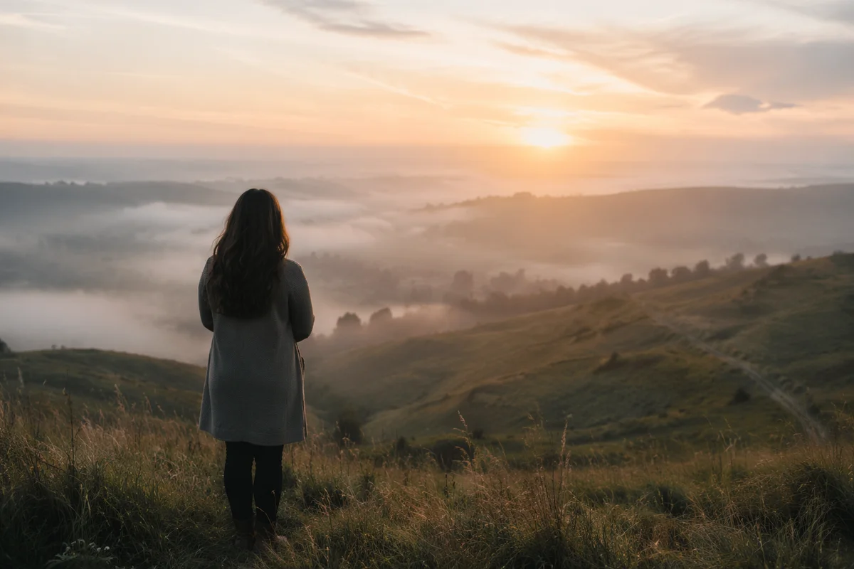 Solitary Figure Longing Toward Sunrise Horizon