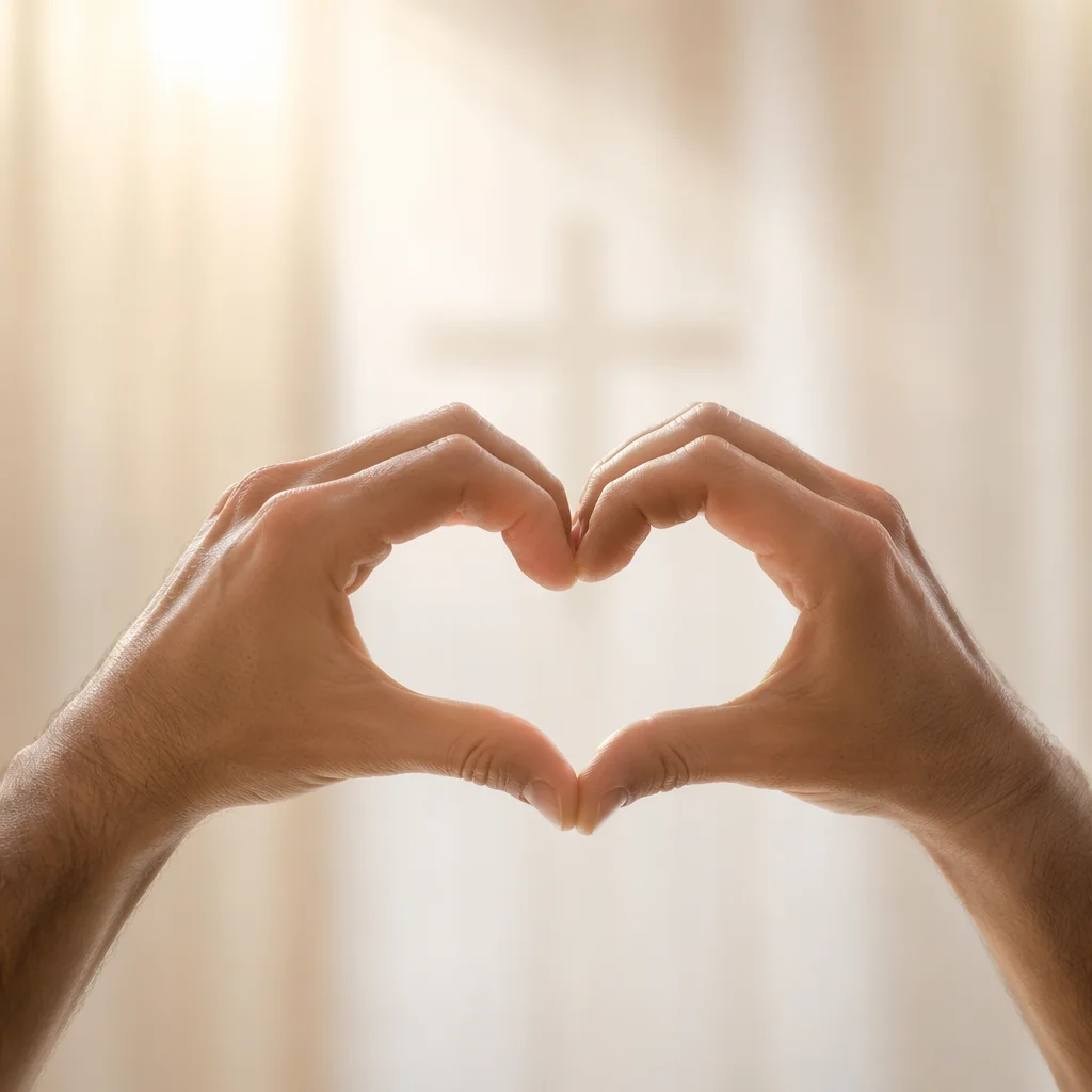 Hands Forming Heart Before Subtle Cross