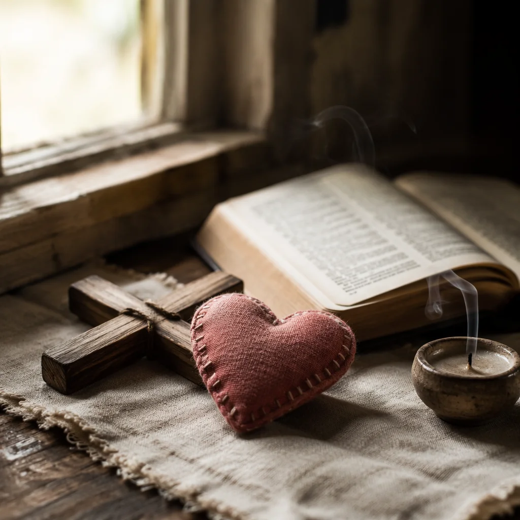 Wooden Cross and Fabric Heart Still Life