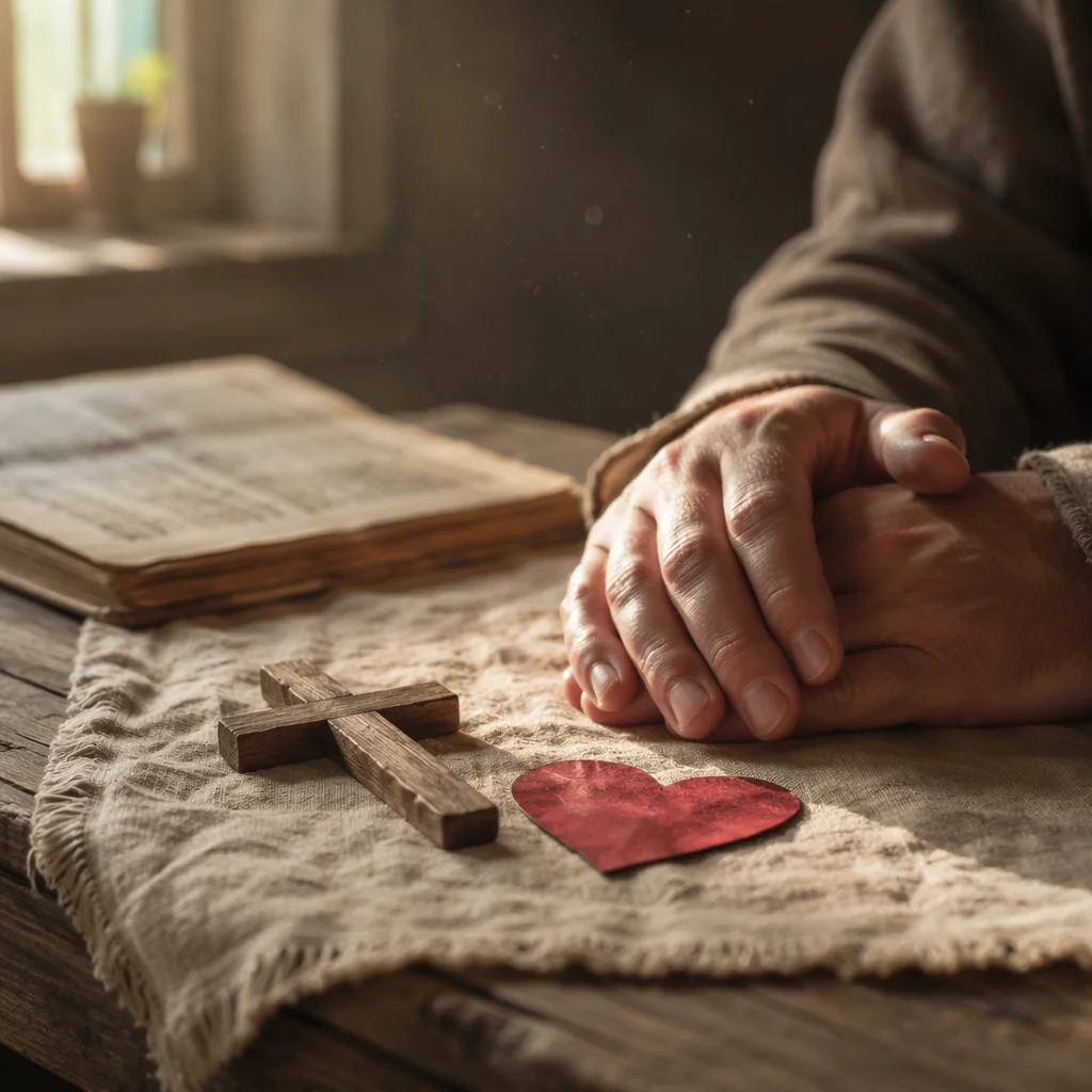Wooden Cross and Red Heart Still Life