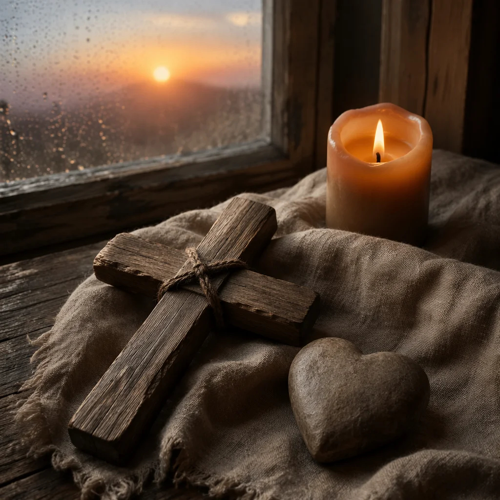 Wooden Cross Candle and Heart Stone