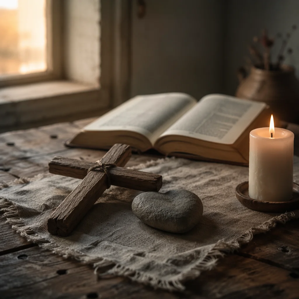 Wooden Cross and Heart Stone Still Life