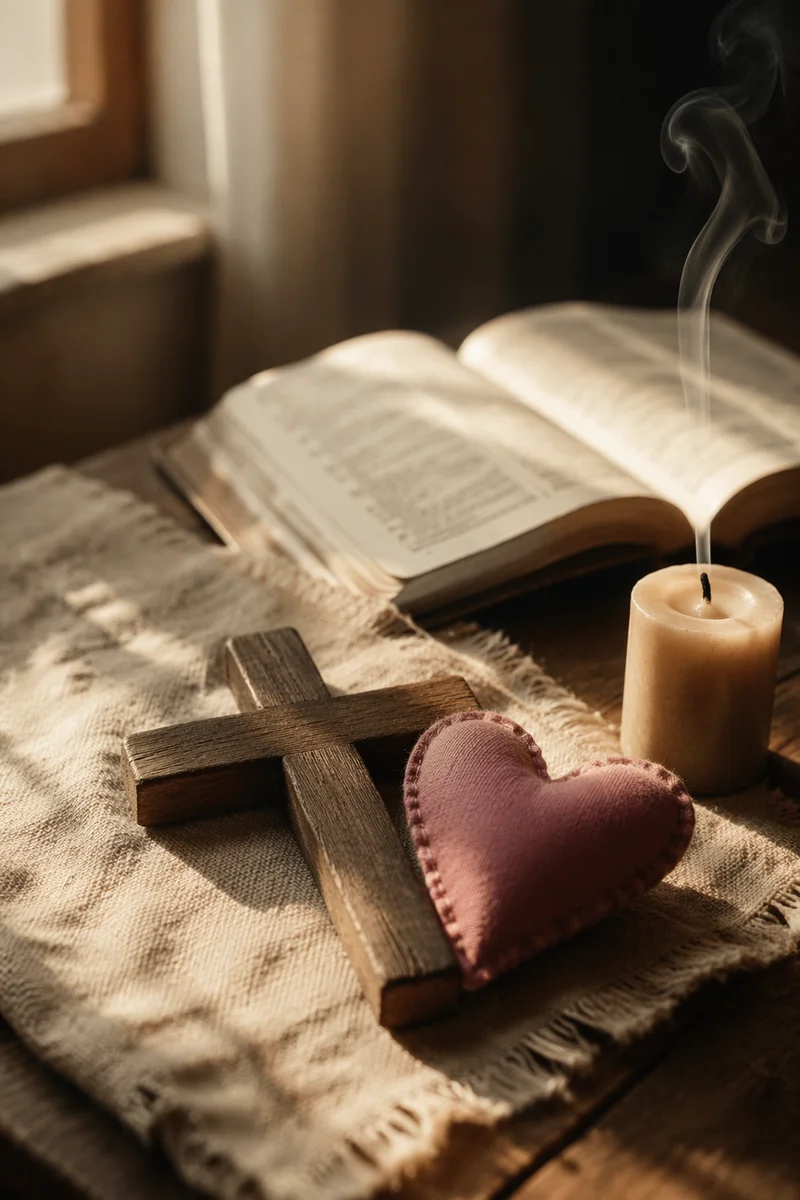 Wooden Cross and Fabric Heart at Dawn