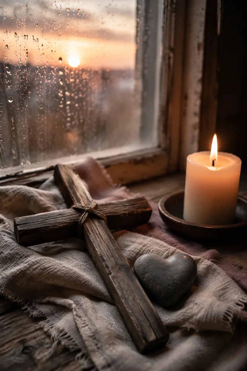 Wooden Cross Candle and Heart Stone
