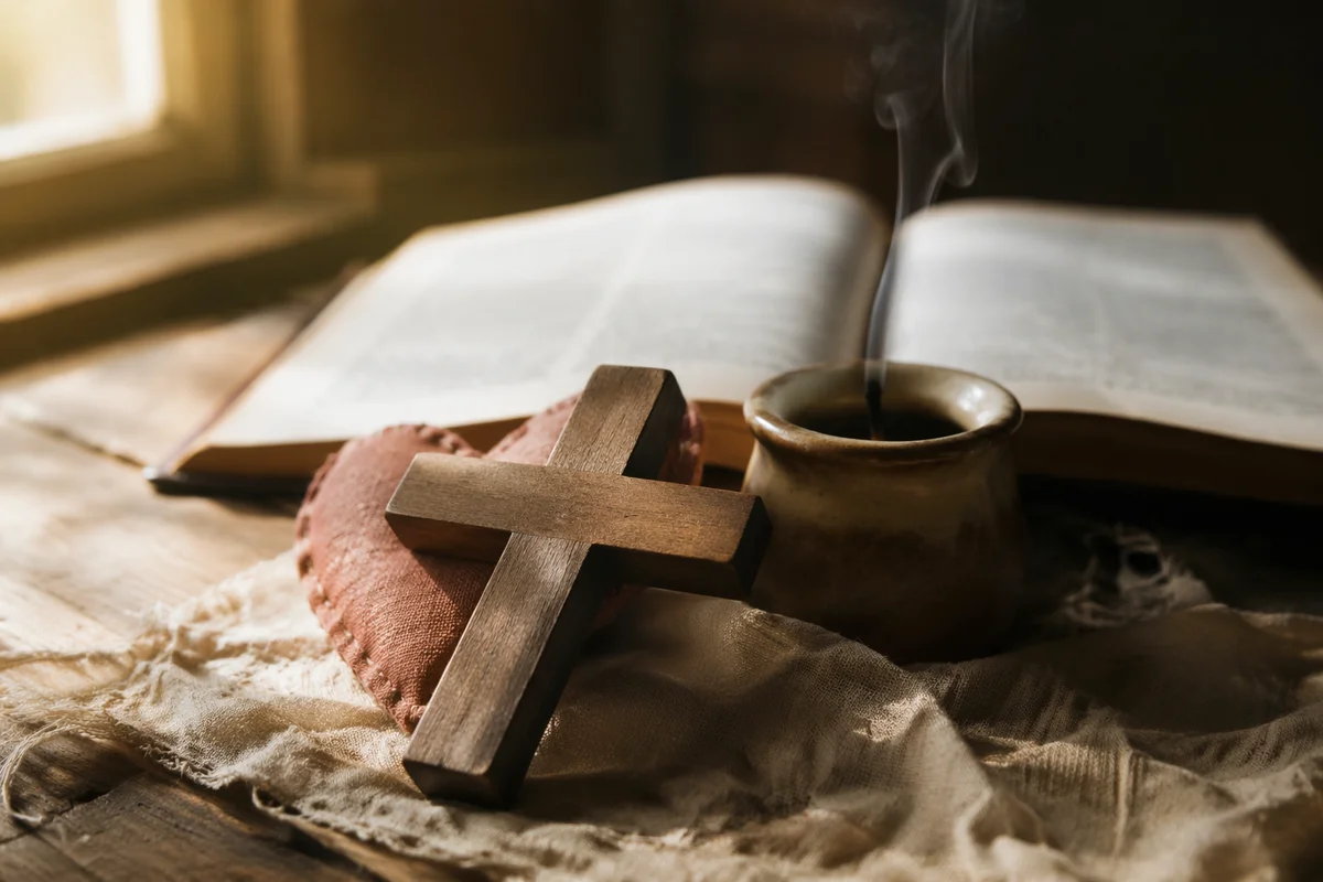 Wooden Cross and Fabric Heart at Dawn