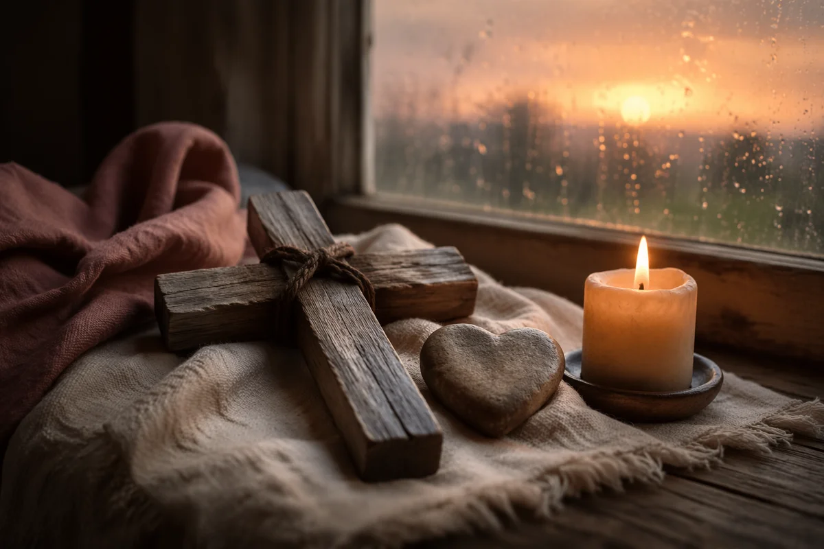 Wooden Cross Candle and Heart Stone
