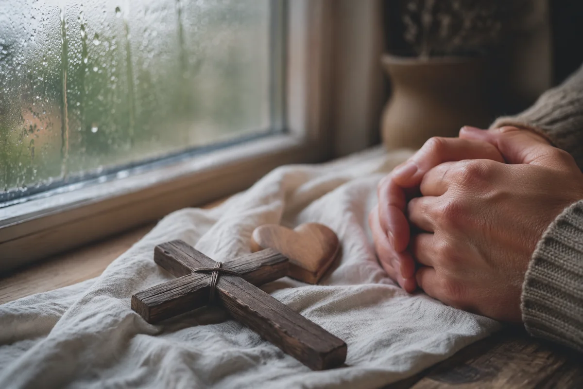 Wooden Cross and Carved Heart Still Life