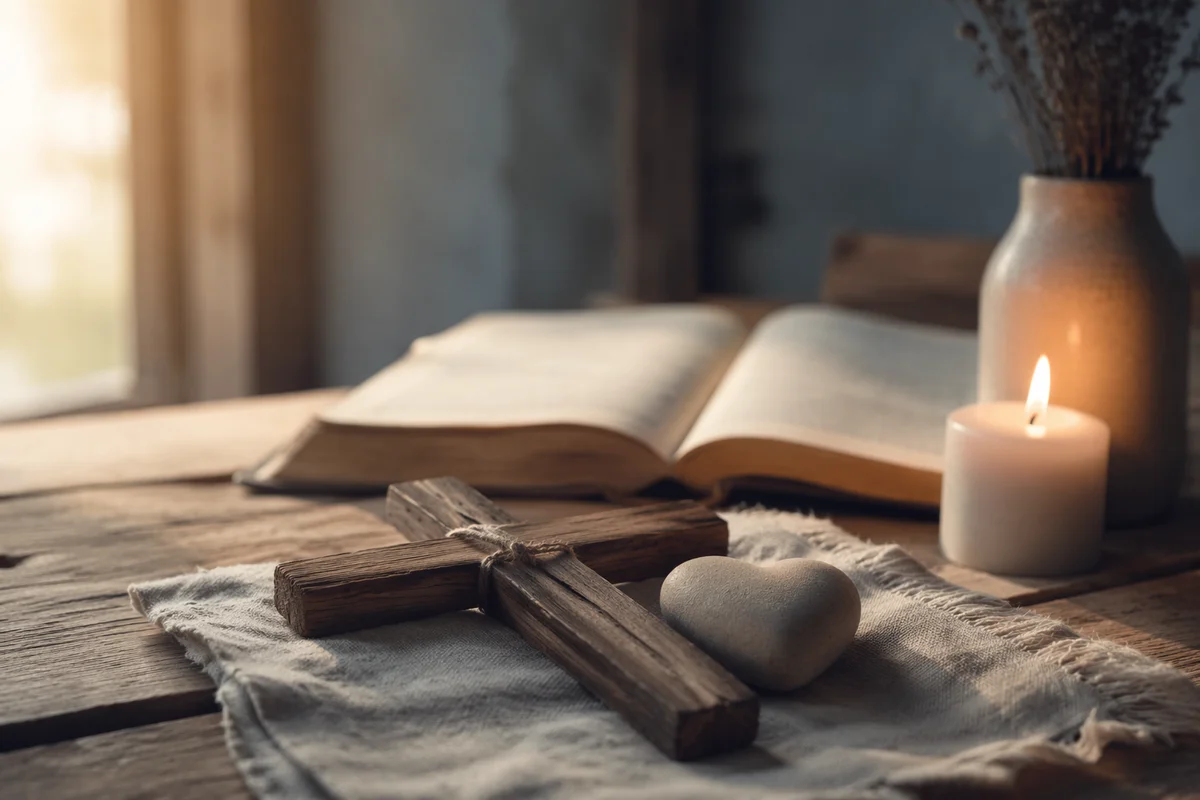 Wooden Cross and Heart Stone Still Life