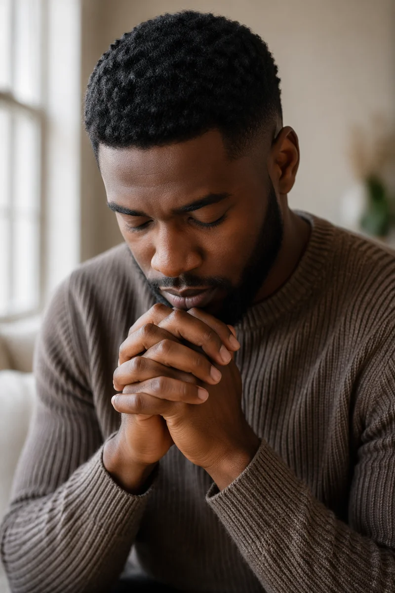 Young Man Praying by Soft Window Light