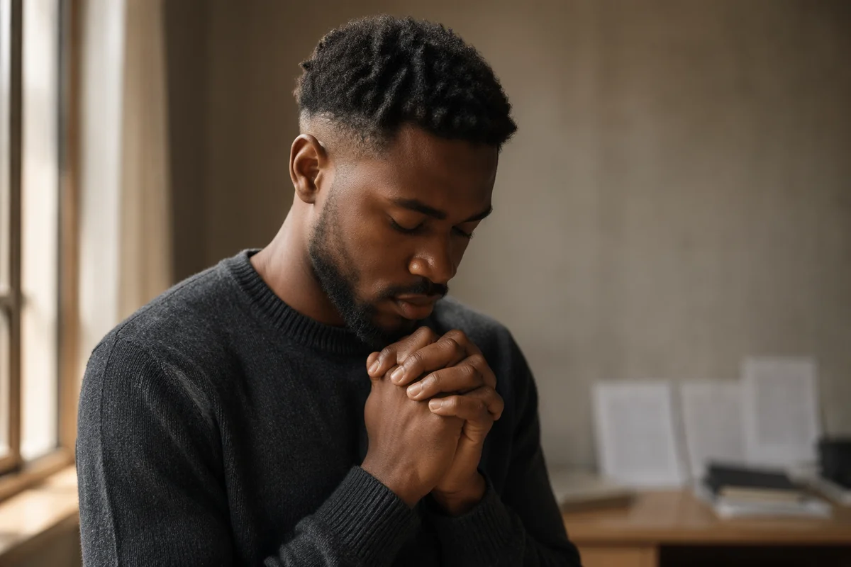 Young Man Praying by Window Light