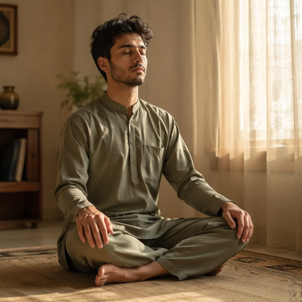 Peaceful Young Man Meditating by Window