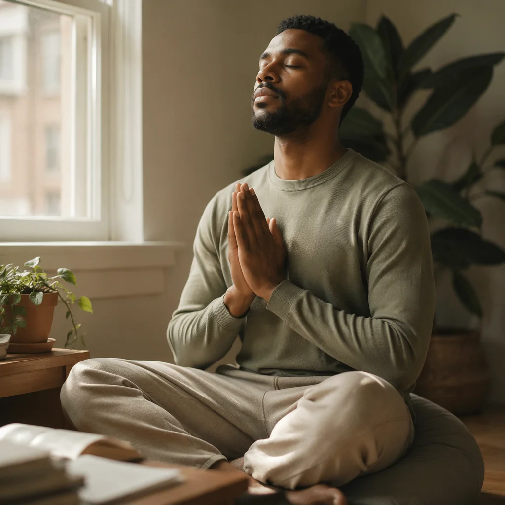 Peaceful Young Man Meditating by Window