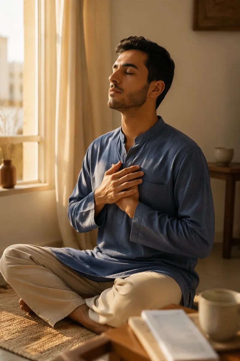 Peaceful Young Man Meditating by Window