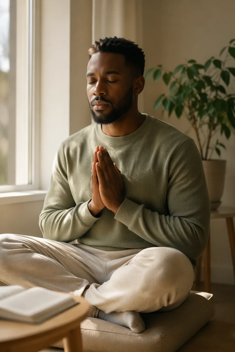 Peaceful Young Man Meditating by Window
