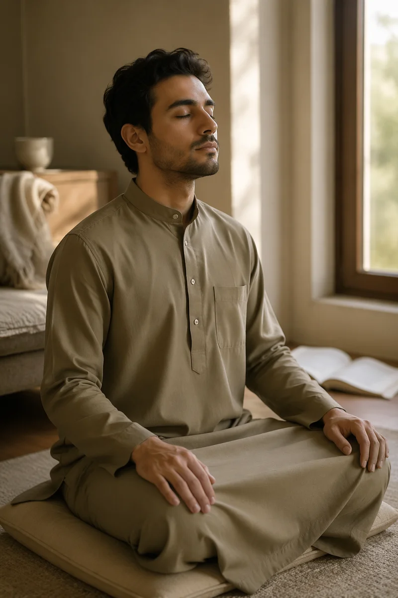 Peaceful Young Man Meditating by Window