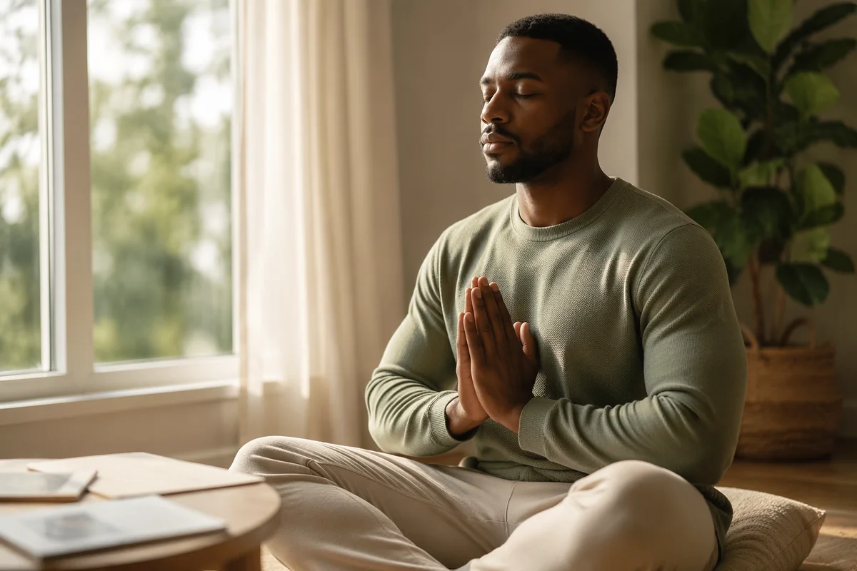Young Man Meditating by Sunlit Window
