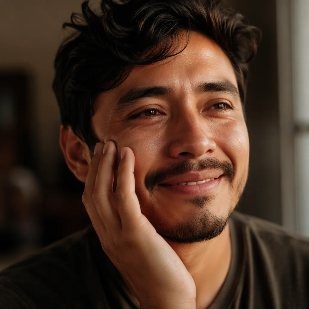 Young Man Smiling Through Happy Tears