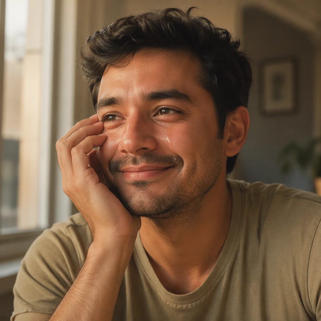 Young Man Smiling Through Happy Tears