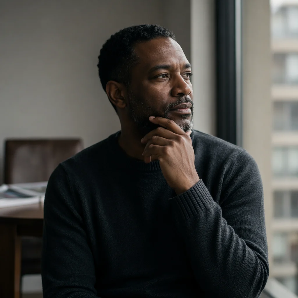 Contemplative Man by Apartment Window Light