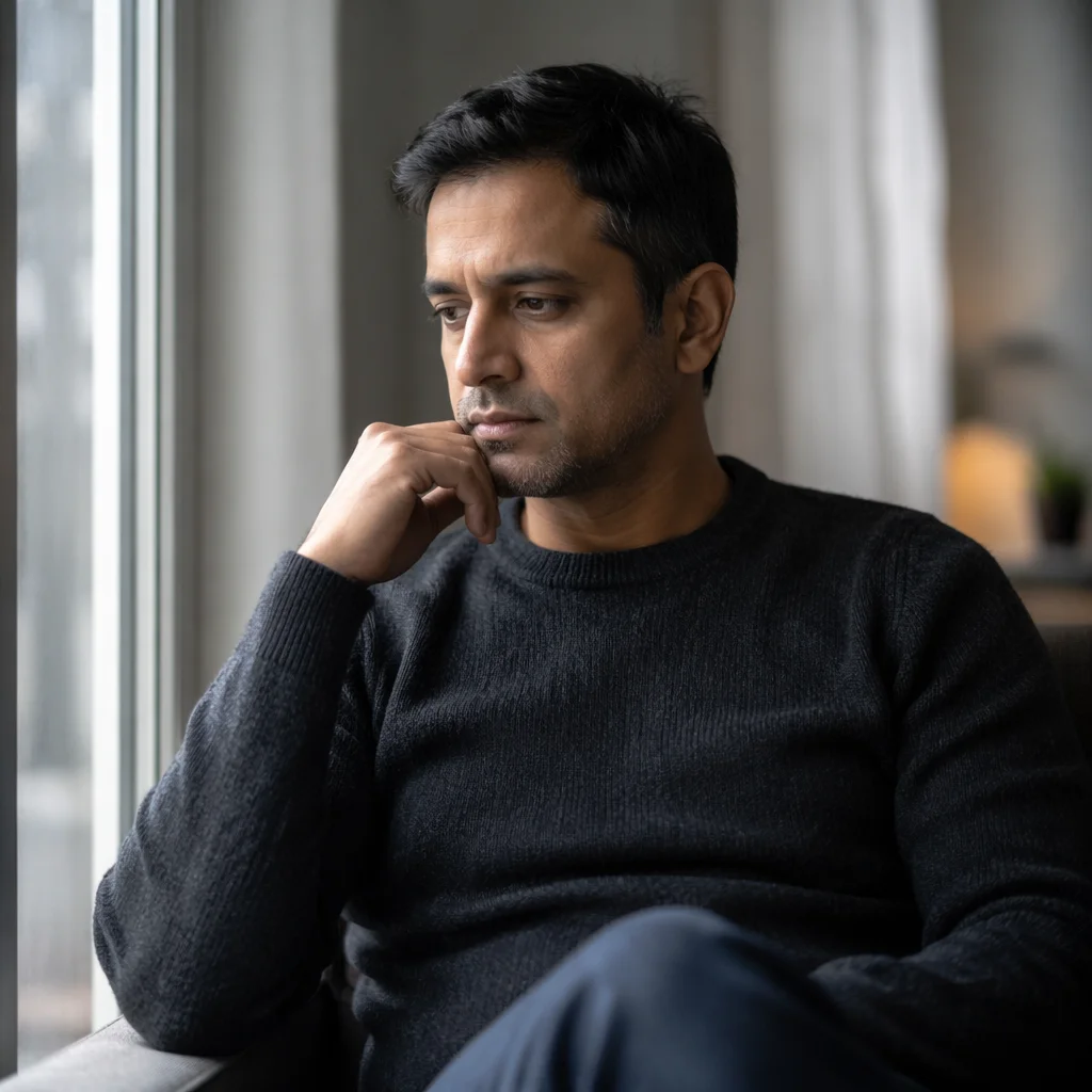 Contemplative Man by Apartment Window Light