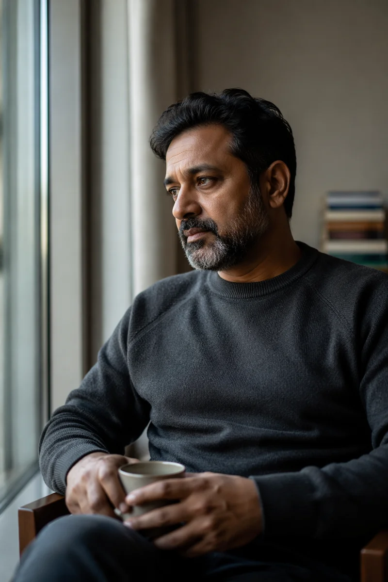 Contemplative Man Beside Apartment Window