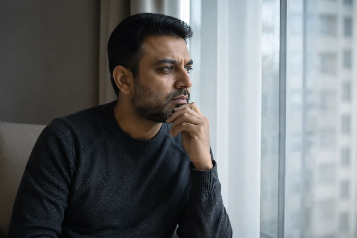 Contemplative Man by Apartment Window