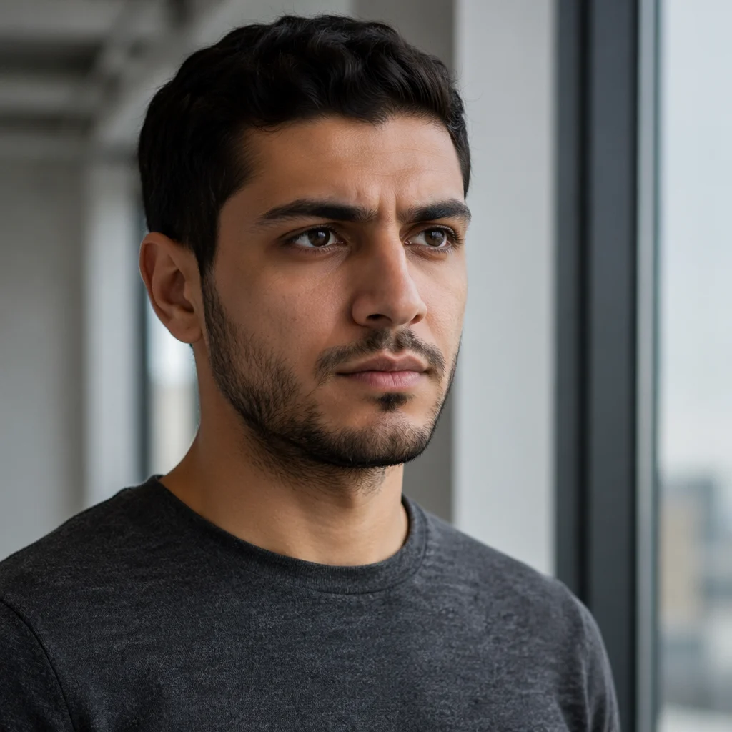 Determined Young Man by Office Window