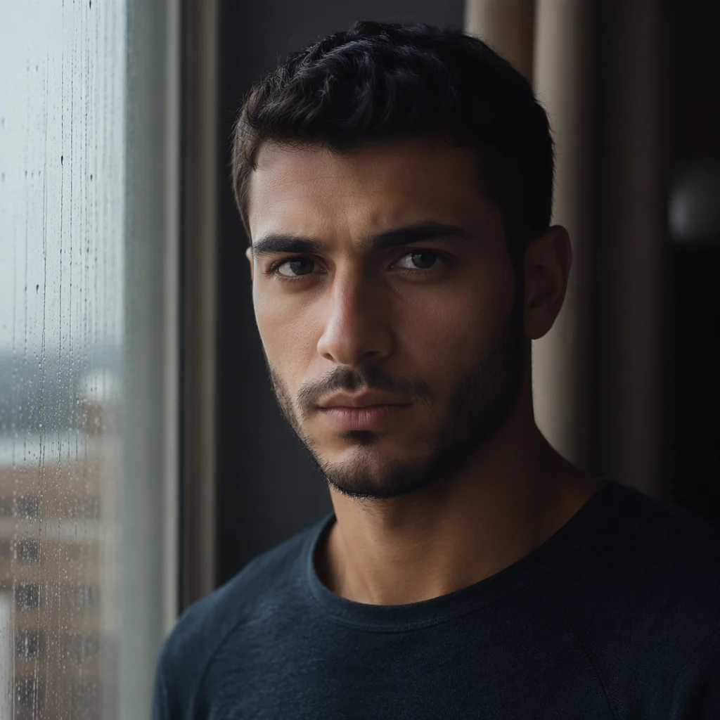 Determined Young Man by Rainy Window