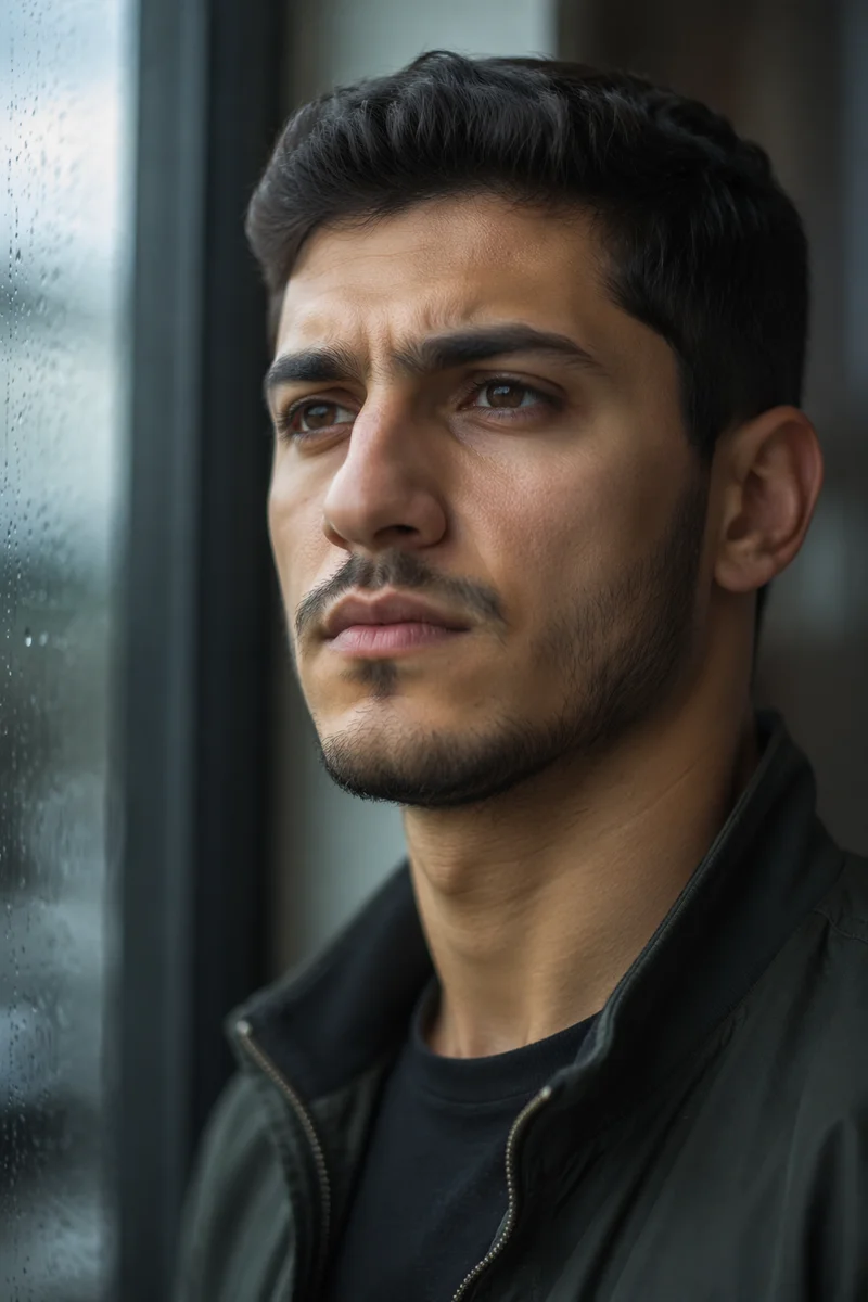 Determined Young Man by Rainy Window