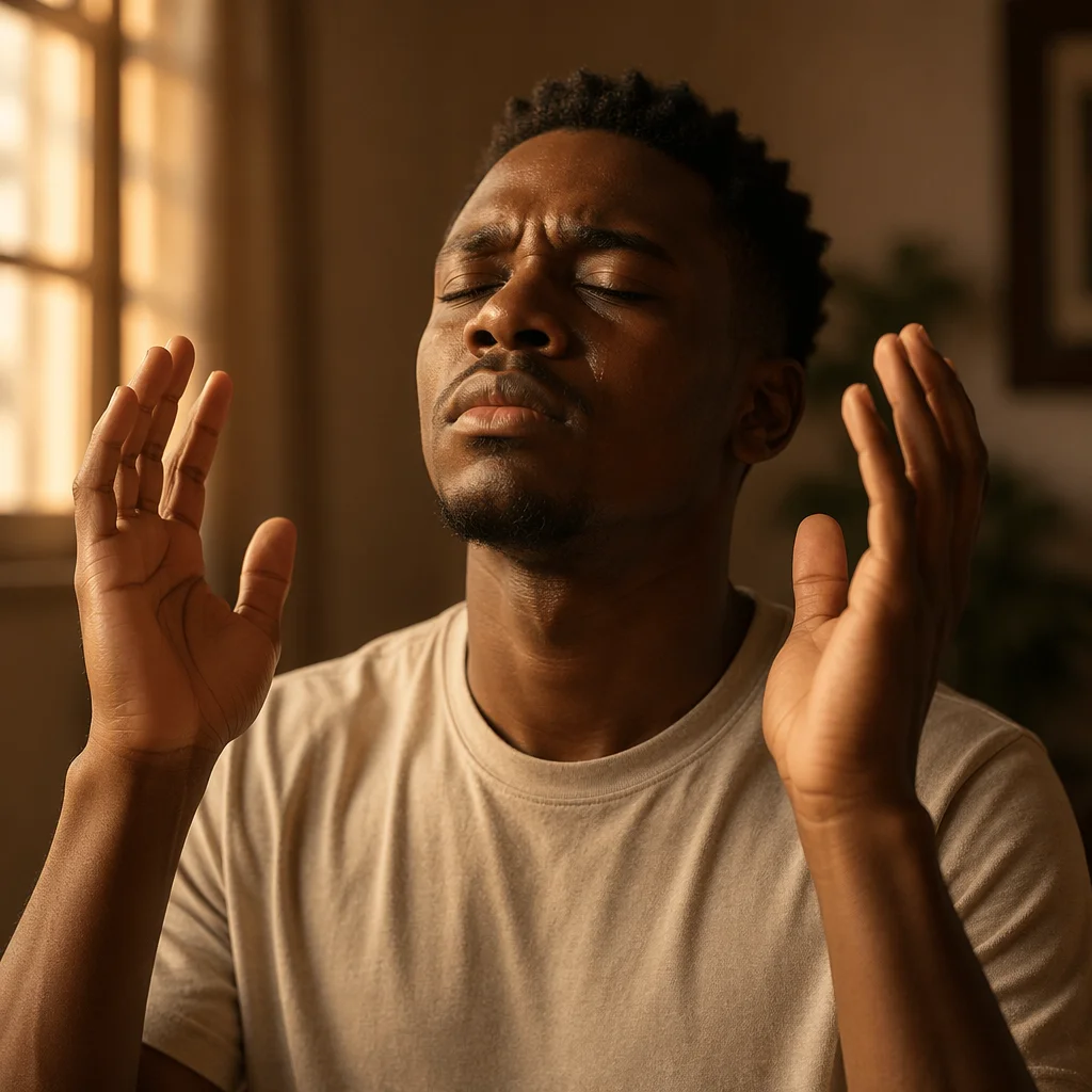 Emotional Young Man with Raised Hands