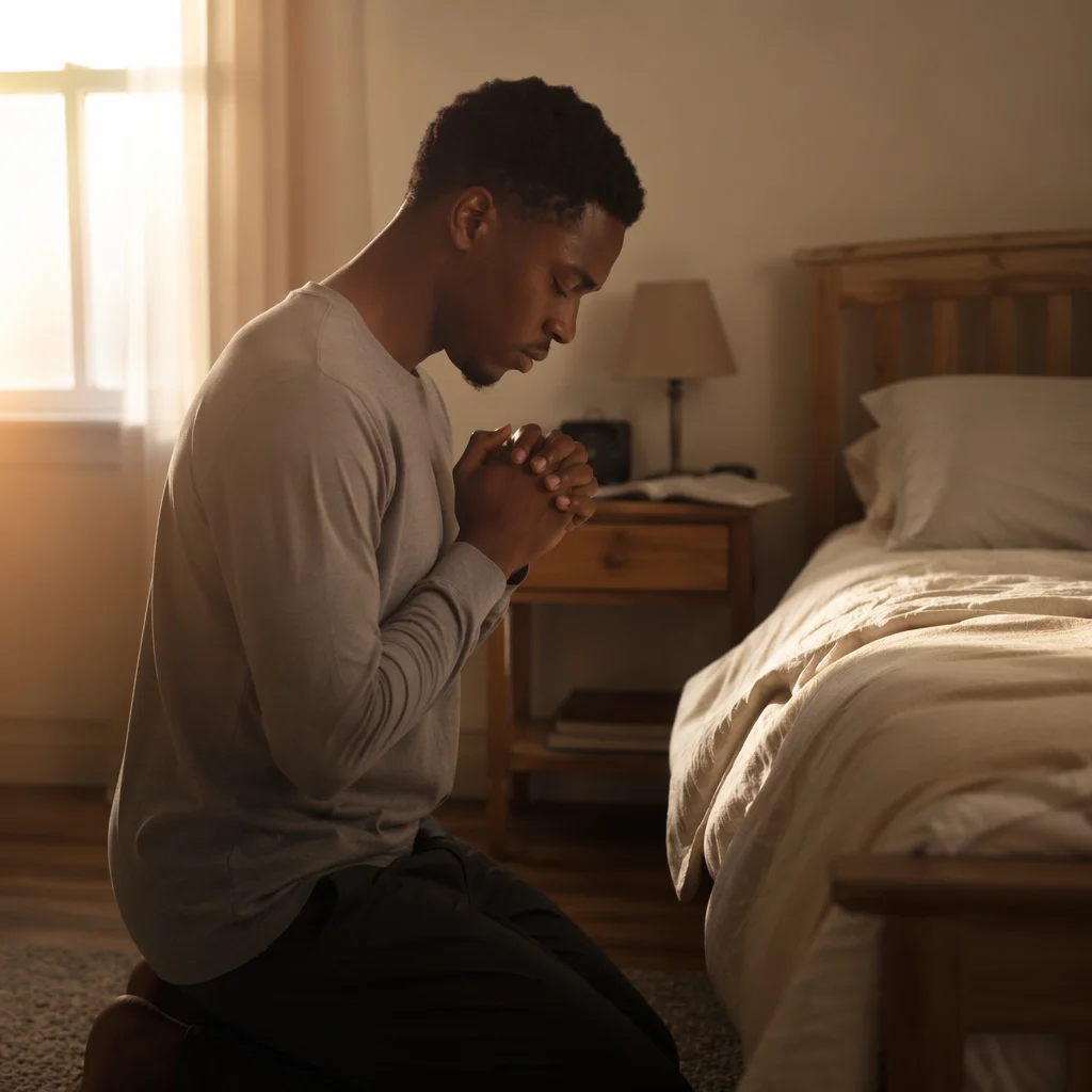 Young Man Kneeling in Prayer at Dawn
